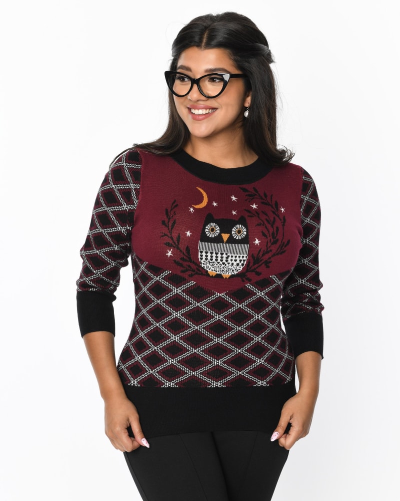 Front of a model wearing a size 3X Smak Parlour Black & Burgundy Plaid Owl Sweater in Black/Plaid Owl by Smak Parlour. | dia_product_style_image_id:315264